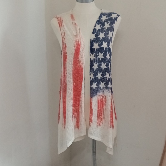 NWT Sleeveless Open Front Cardigan Open Weave Knit Stars & Stripes Cardigan Sz L - Picture 1 of 9